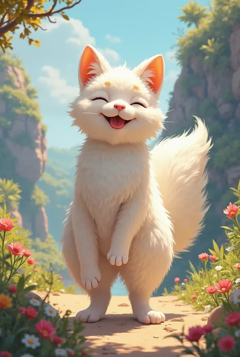 Detailed background(kemono, furry anthro, full body), Happy, joyful(Photos of solo travelers),(White Feline),(Huge Tail)