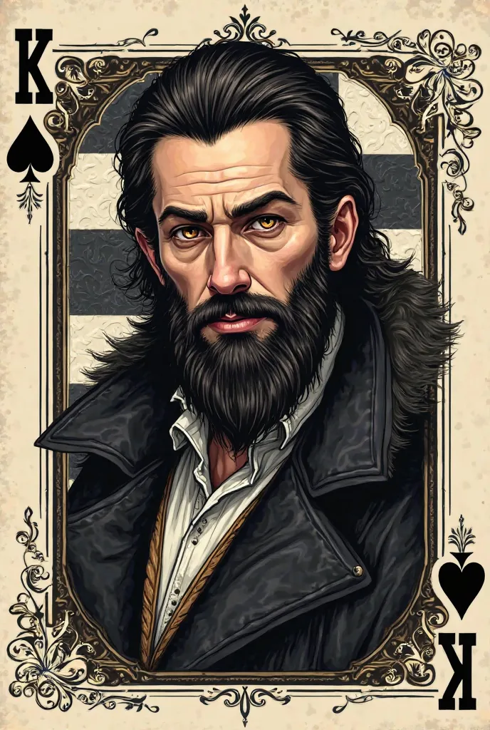 A classic King of Spades board game card on which the king has black hair, une barbe et les yeux marrons