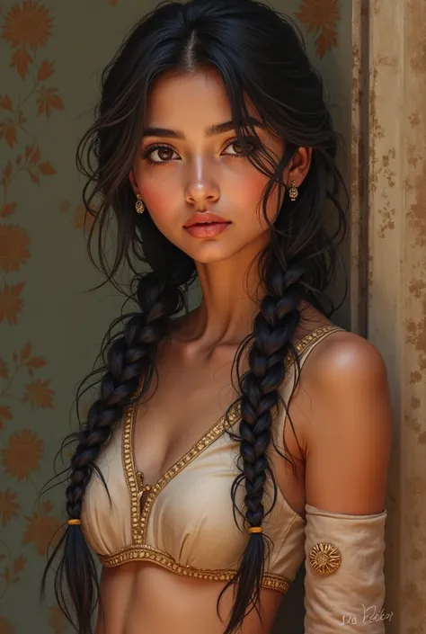 A girl who is 5 feet 5 inches tall, with long braided hair falling to the side, a round face, big eyes, a sexy face, and wearing a kurta with leggings.

