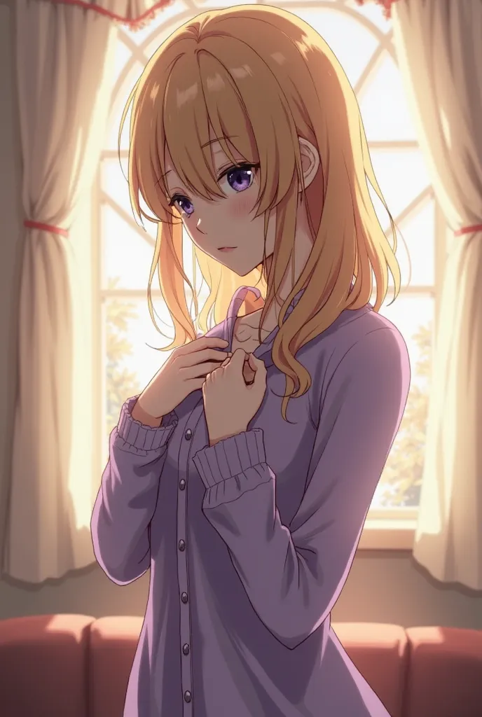 Generate an image of violet evergarden putting on a cardigan 