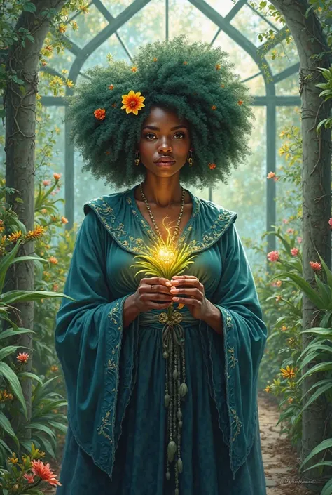 beautiful black woman, green curly afro, flowers in hair, in magical greenhouse, in mage robes, holding magical plant