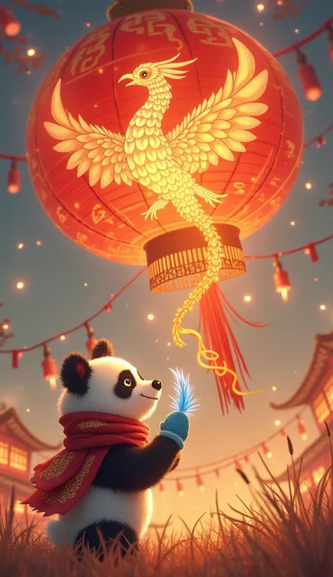 The large glowing festival lantern, decorated with golden dragon patterns and red tassels, floats into the sky, shining brilliantly. The majestic phoenix with radiant golden-red feathers, flickering with blue and violet fire, shimmering eyes like molten go...