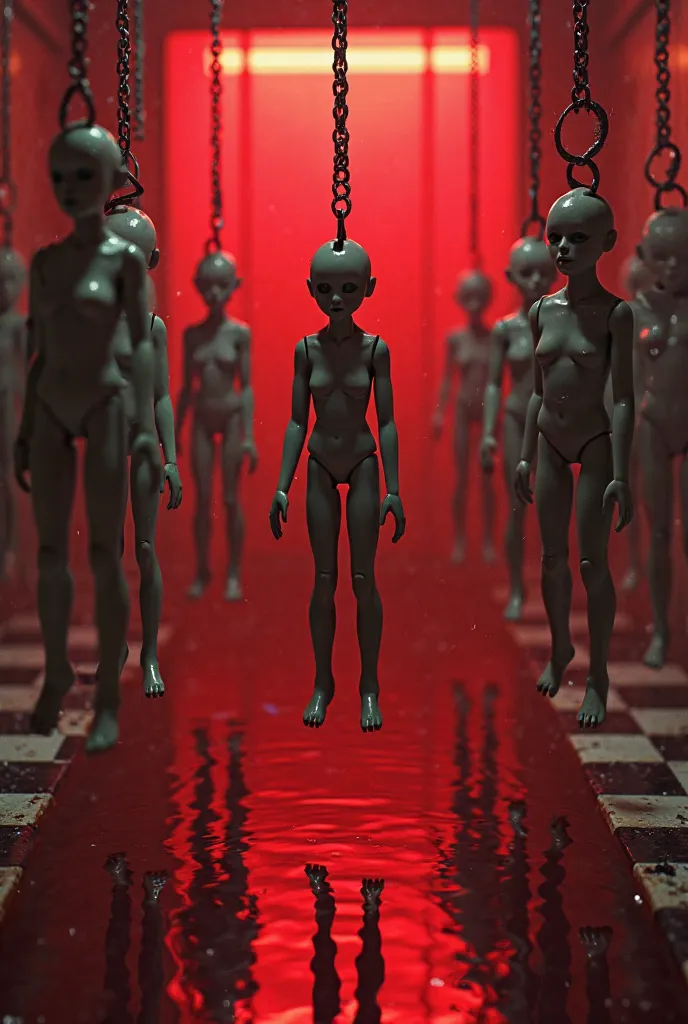 Plastic dolls hang from chains in a cow slaughterhouse, the floor is checkerboard, black and white tiles, and a pool of bright reddish water on the floor floods the illuminated scene with bright red reflectors and a red curtain behind. 