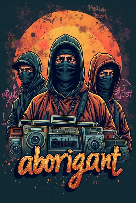 A logo written ABORIGINAL in an old-school hip hop style with 3 masked people,Micro, un ghetto blaster, des graffitis, Urban, rap