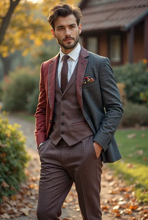 Create an ultra-realistic image of a young and handsome male man, who wears a colorful suit and elegant dress pants that pose for a photography section but that has a natural background like a house, Oh a landscape