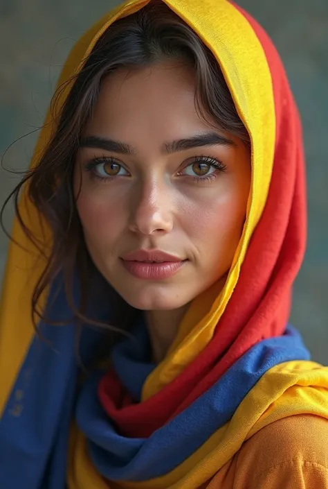 Woman with a scarf in the colors of the Colombian flag on her head