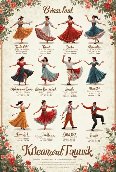 Make a price list for Caucasian dances 