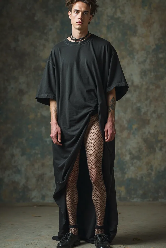  man wearing fishnet pantyhose and long t-shirt