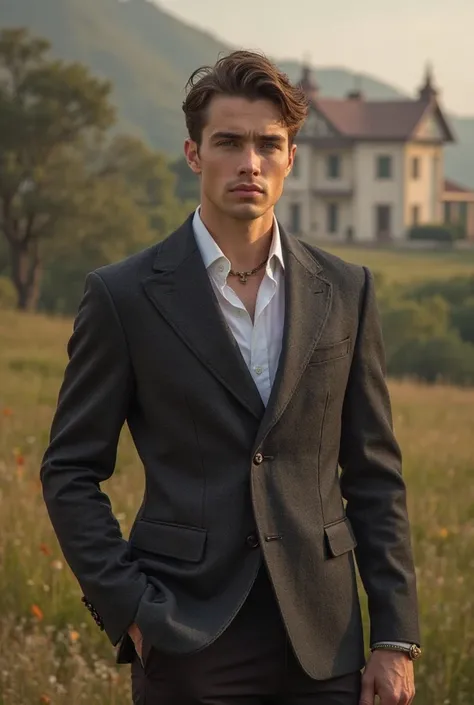 Create an ultra-realistic image of a young and handsome male man, who wears the elegant and characteristic clothes of a millionaire who poses for a photography section but who has a natural background like a house, Oh a landscape