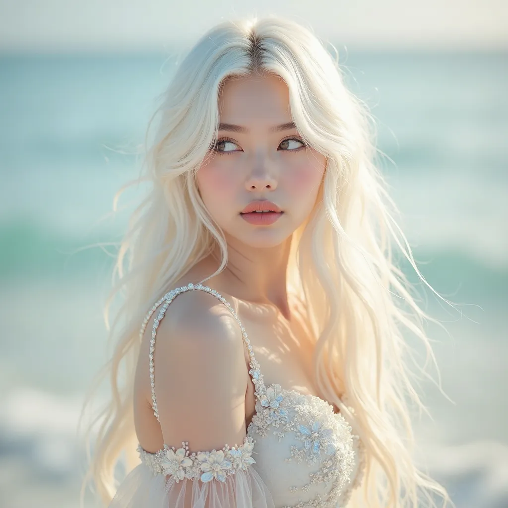 beautiful woman with white hair, fair skin, dreaming expression, youthful aura, soft lighting, serene background with pastel hues, graceful posture, delicate features, ultra-detailed, high quality, ethereal atmosphere, capturing the essence of youth and be...