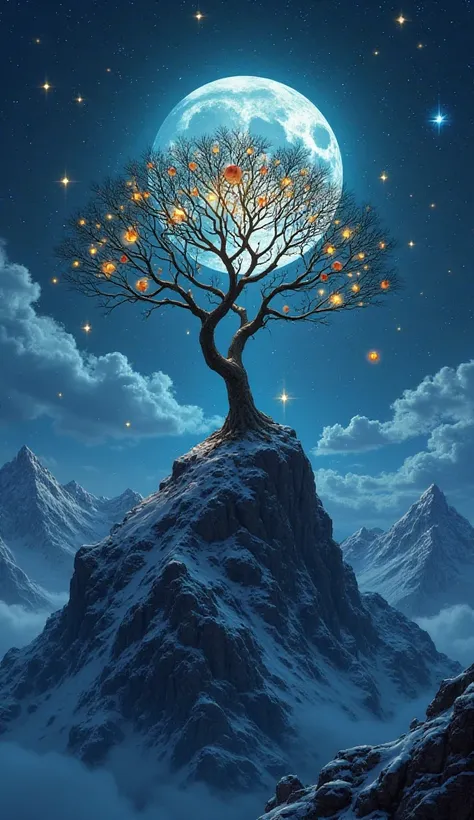 Tree with fruits in the form of stars on the mountain at night