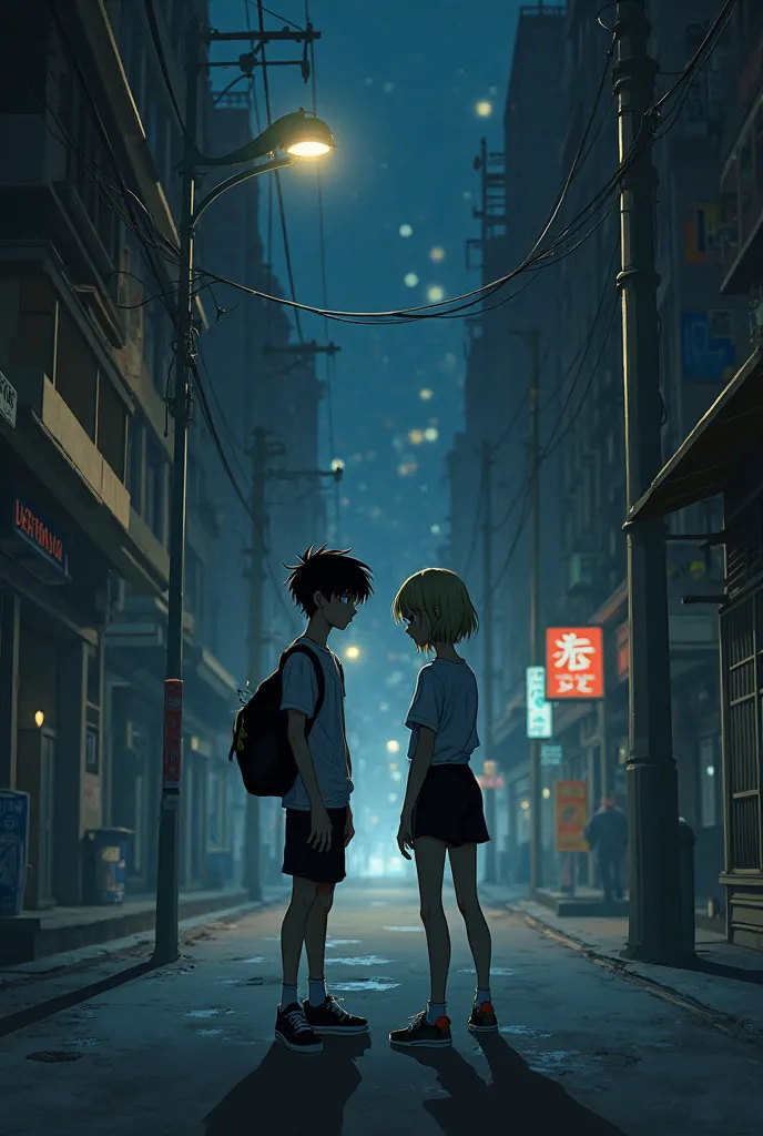 a boy and a girl on a dark street at night without having long blond hair dressed in sports