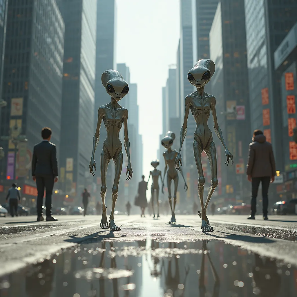 I need realistic picture aliens walking straight towards camera in city