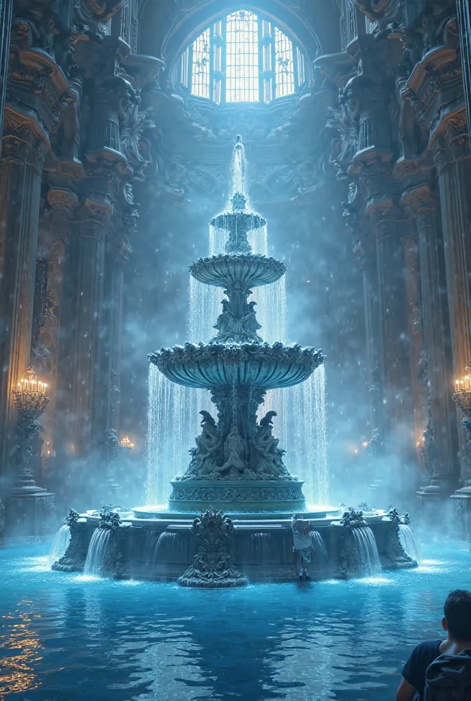 The fountain in the hall in blue shades is all 