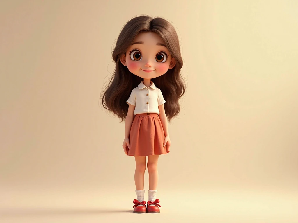 Reem is a young girl with innocent features and wide eyes that reflect intelligence and kindness.. Her long brown hair falls softly over her shoulders, giving her a gentle look.. wearing an elegant outfit consisting of a white buttoned shirt and a short sk...