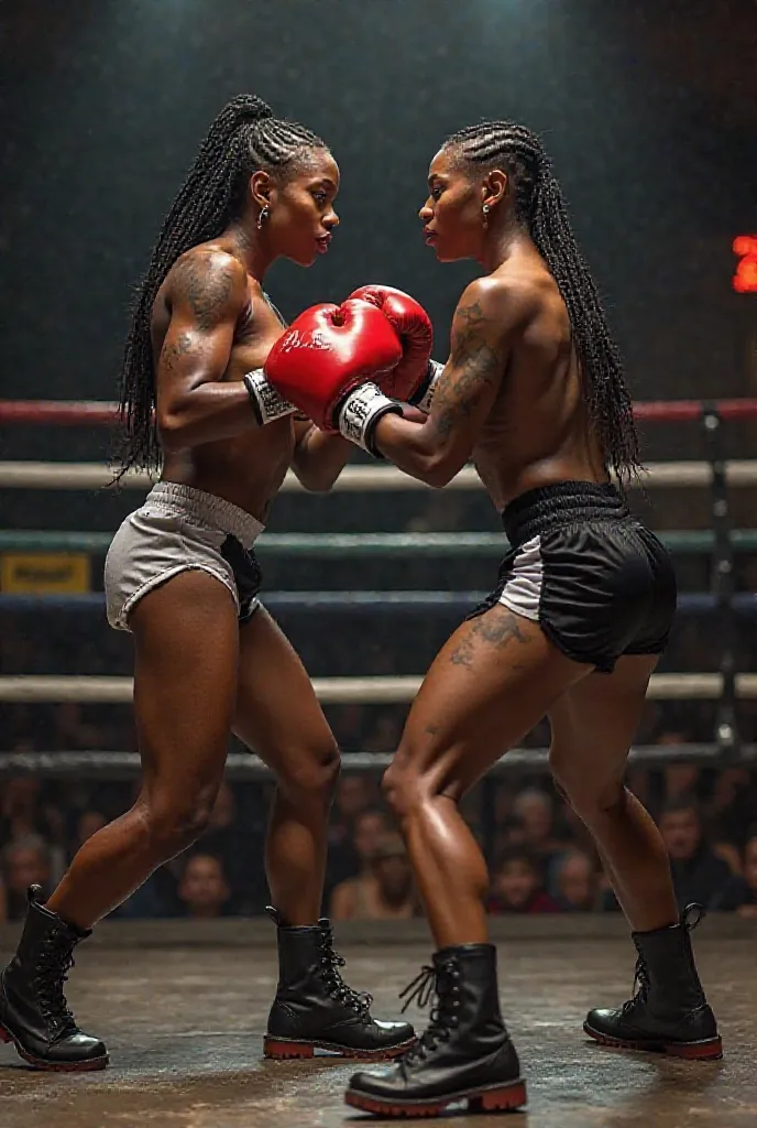 Two skinny naked ebony girls, 24 with braided hair and tattoos on arms, toned abs, small tits  flat chest and stomach.  Wearing only black and white boxing shorts, black boots and red boxing gloves. Totally naked on top showing beautiful tiny tits.  Sparri...