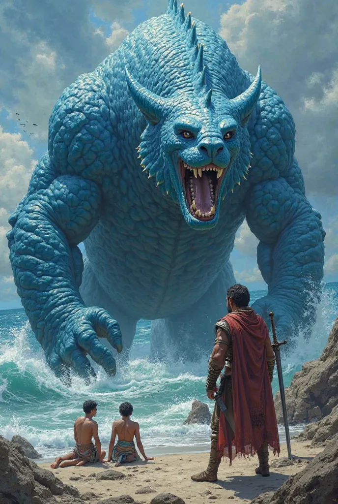 A blue beast in front of a human looking at him and kneeling before humans, sea beasts, kneels before a single man, Guerrero, and the warrior is Moreno, holding a Bible and a sword, and the man is Moreno, age 18.