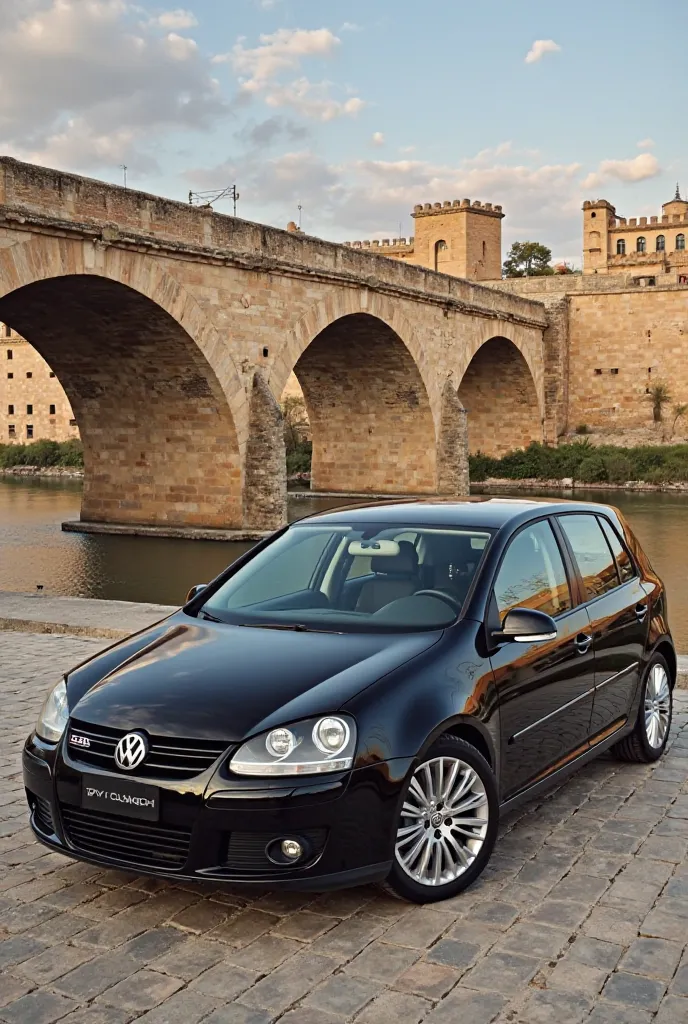 Volkswagen Golf year 2006 in black color and five doors on the Roman bridge in Cordoba Spain