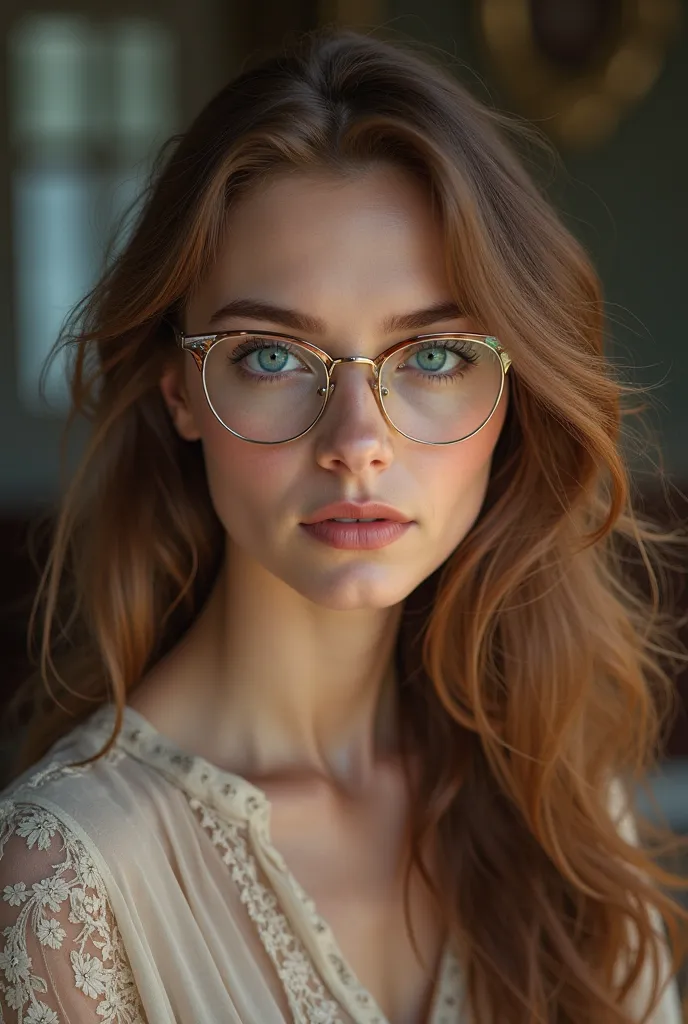 FEMALE,LONG BROWN HAIR,BLUE EYES AND WEARING GLASSES