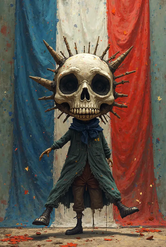 Animated man wearing a skull mask spread over one leg , In front of a Costa Rican flag