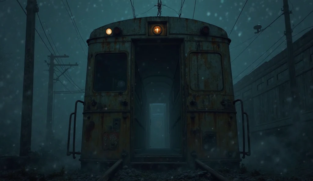 Anime style illustration of a first-person perspective (POV) of an eerie, abandoned Japanese train at midnight. The camera is slowly approaching the old, rusted train door, which is covered in grime and faintly illuminated by the flickering station lights....