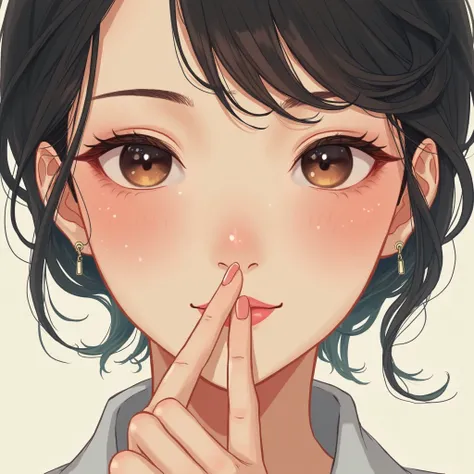 Visage d'une femme en gros plan mettant le doigt sur sa bouche pour faire silence en ayant un sourire Style d'illustration japonaise, De Bas En Haut, 