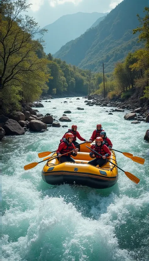 Escena principal:
	•	Fotografía de un bote de rafting con varias personas equipadas con cascos y chalecos salvavidas, atravesando un río con rápidos intensos.
	•	El entorno es natural, con vegetación frondosa y montañas o colinas de fondo para dar la sensa...