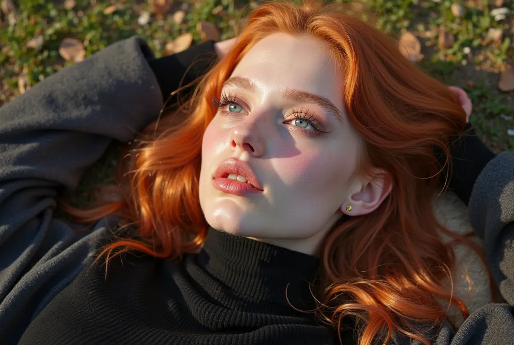 full lashes lying down reading 18-year-old pale white complexion, light skin albino type shiny texture,  blush on the cheekbones with highlighter , wide lips with long orange hair with waves, she wears a black turtleneck sweater , On a black jacket,  mom j...