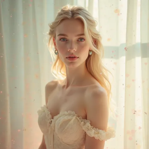 beautiful woman with blonde hair, fair skin, dreaming expression, youthful aura, soft lighting, serene background with pastel hues, graceful posture, delicate features, ultra-detailed, high quality, ethereal atmosphere, capturing the essence of youth and b...