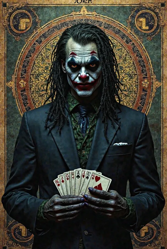 Un joker noir  de couleur de peau noir avec des dreadlock, tenant des cartes dans la main, en arrière plan la carte du pense du tarot