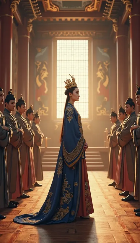 "A hyper-realistic image of Queen Seondeok of Silla standing with quiet authority in the grand throne hall, facing a group of skeptical noblemen, fully dressed in historically accurate 7th-century Korean royal attire. She wears an exquisite royal hanbok in...