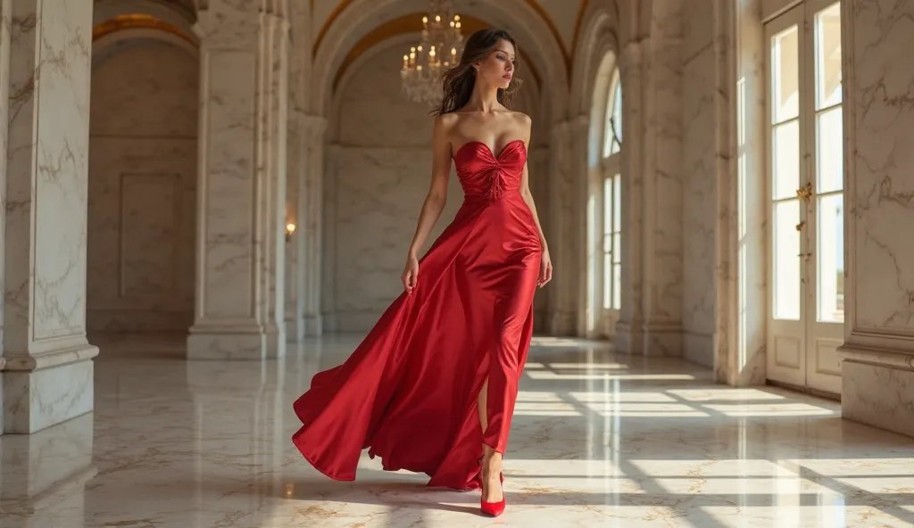 gorgeous lady on steroids in a red satin tailleur on red satin high heels walking in a marble room on marble pavement