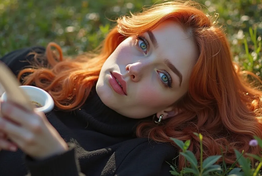 full lashes lying down reading 18-year-old pale white complexion, light skin albino type shiny texture,  blush on the cheekbones with highlighter , wide lips with long orange hair with waves, she wears a black turtleneck sweater , On a black jacket,  mom j...