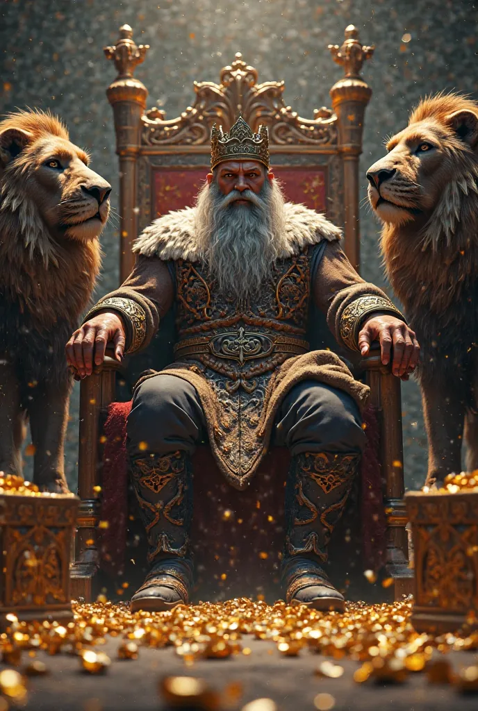 A realistic image of a beautiful Viking seated on his throne, a crown adorns his head and a lion on either side of the throne, the floor adorned with diamonds and gold chests.