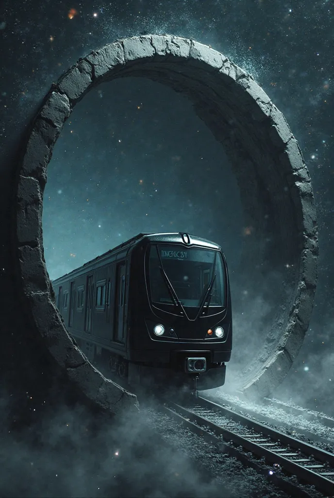 Black subway train, leaving the portal in the form of a clock against the background of space