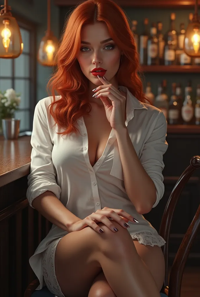 dressed in a white shirt, natural redhead, red lipstick, six completely naked, sitting in a bar chair with no pants {x} bites her upper lip in a slightly sexy way, sitting on a bar chair, leg thrown over leg