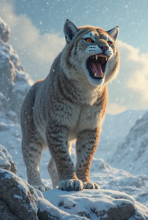 "A hyper-realistic image of a Saber-Toothed Cat (Smilodon) in an Ice Age environment. The cat has massive, curved saber teeth, a muscular body, and thick fur adapted to the cold. It stands on a snowy, rocky terrain with a dramatic sky in the background. It...