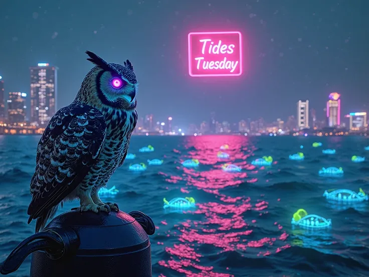 "A majestic cyberpunk owl with glowing neon-blue and purple eyes perches on a high-tech buoy, overlooking a vast ocean at night. The water shimmers with bioluminescent fish glowing in shades of electric blue, green, and pink. The sky above is filled with n...