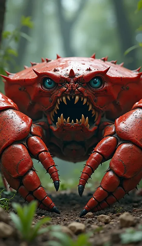 Realistic 8k Closeup Image of Big Red Crab Roar with Blue Eyes This location is forest background, image fully taken face to face.