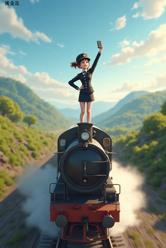 Conducteur de train sur le toit du train, prenant un selfie en souriant sur le train en pleine allure 