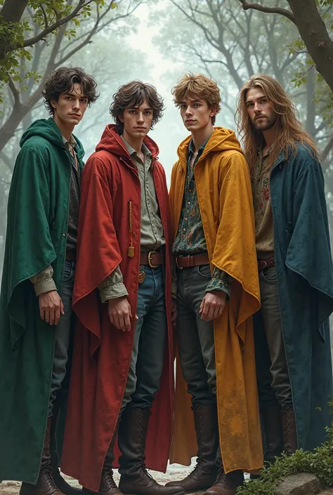 Four men in their twenties wearing different kinds of clothes to represent their wizard house. There is four houses like in Harry Potter but instead of the original houses the new houses are Nightclover, Jadepetal, Sunpine, and Barkfrost. Nightclover’s col...