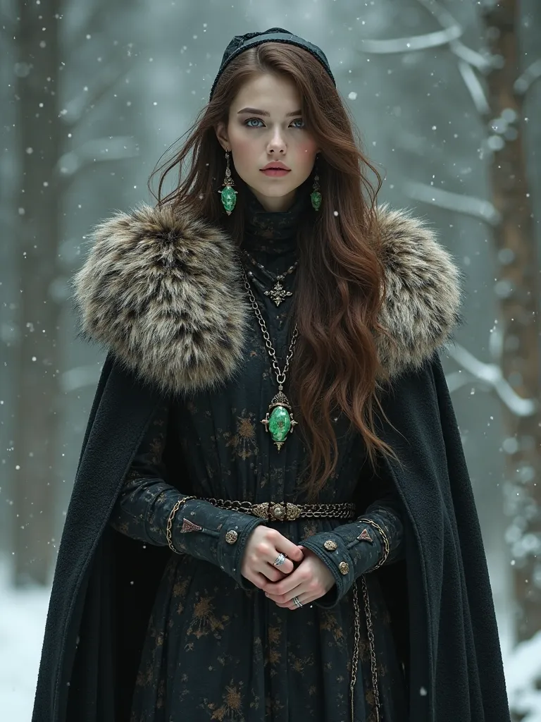 female character, brown hair, wearing an animal skin coat, pompous cape, black cover, cold colors, green crystal earrings, a powerful wizard,  calm face, long brownish pants, Eskimo boots, perfect hand, super detailed, onyx-black eyes