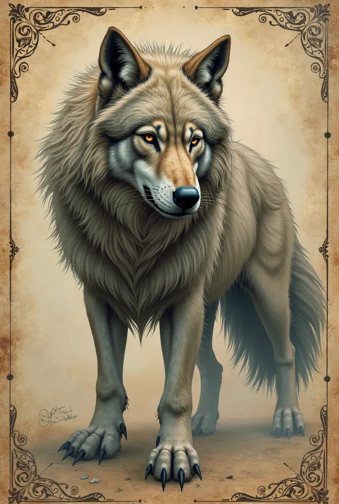 An image of slime that looks like old-style book drawings. A wolf with extremely thick fur but a strong appearance