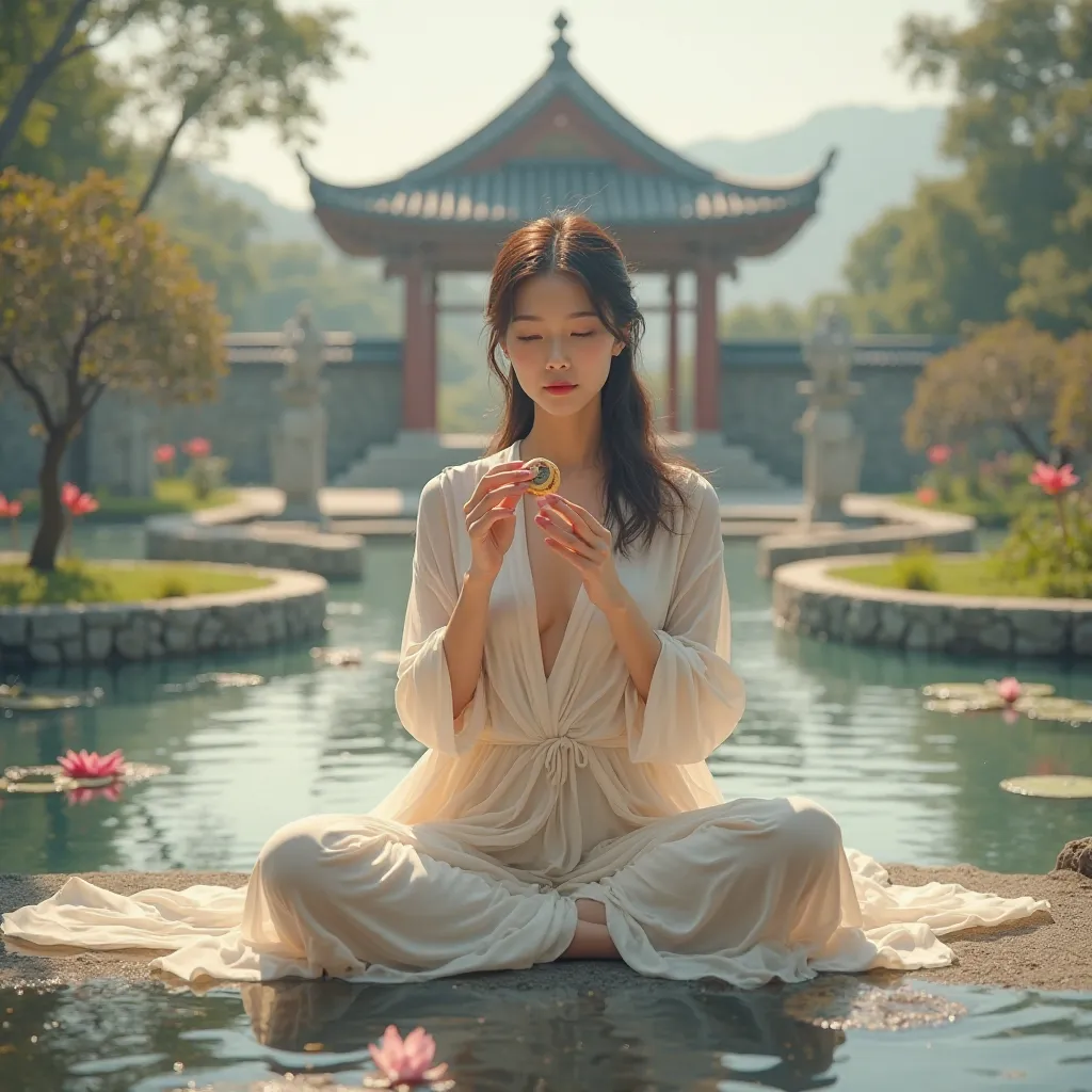 Woman with a cookie at mine and a zen temple behind and lotus