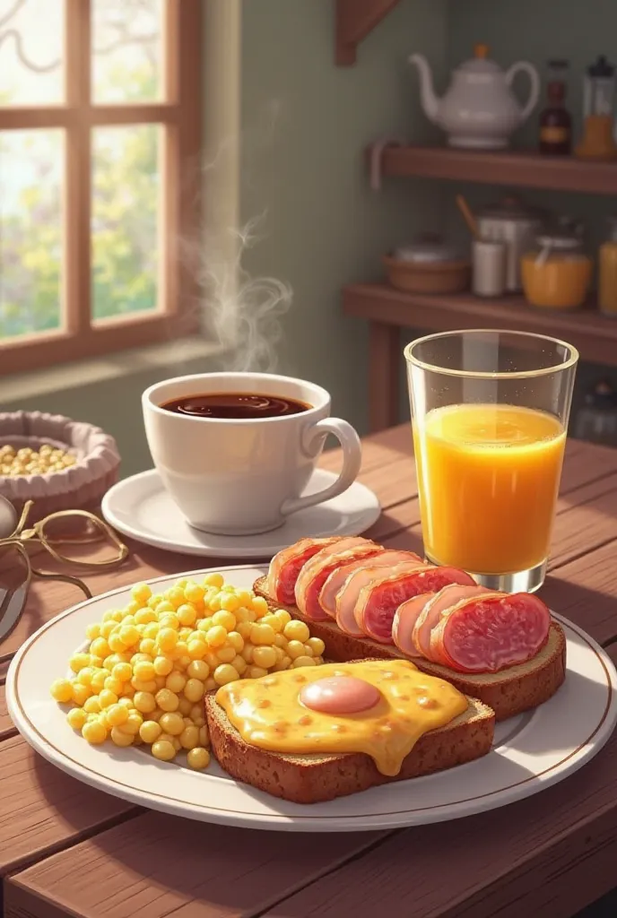 Traditional Breakfast:
· Scrambled Egg
·Toast with cheese and ham 
·Fruit juice of your choice 
·Coffee