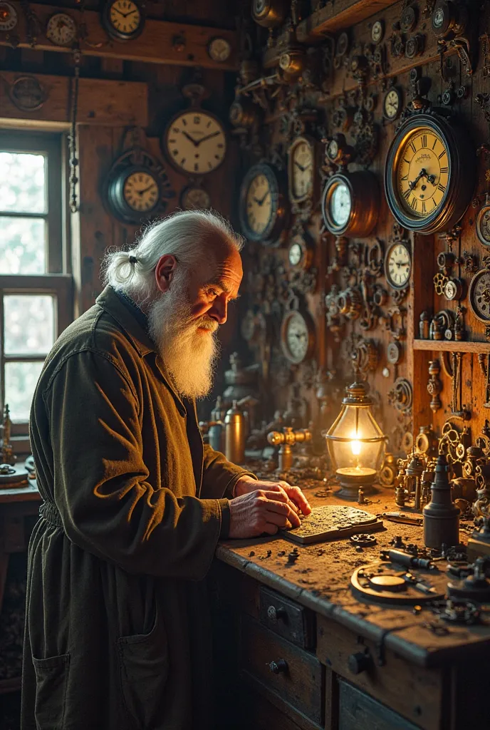 An old, cozy workshop filled with intricate clocks of all sizes. Gears, tools, and unfinished clock parts are scattered on a wooden workbench. Elias, an elderly man with a long white beard, is carefully working on a clock, his face lit by the warm glow of ...