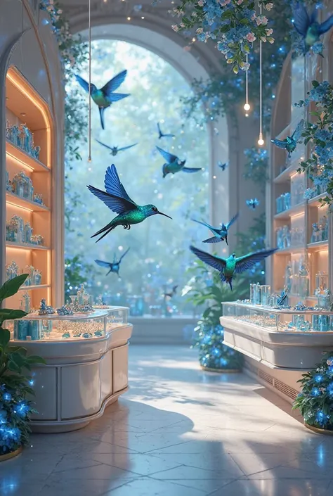 A silver jewelry store called MERISS.», lots of blue hummingbirds fly around