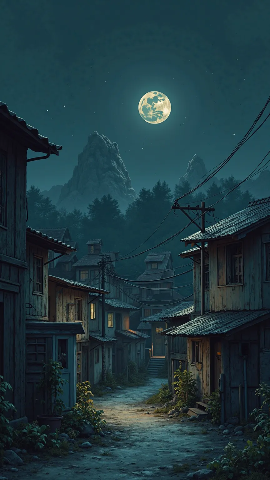 create a periphery, houses and shacks in a nighttime atmosphere with the moonlight