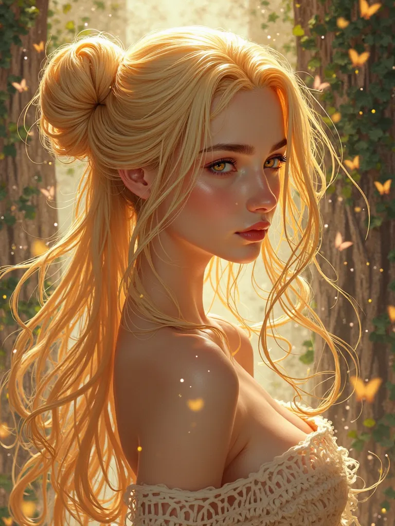 Japanese manga sensual hair wrapped around a wood, blonde hair double bun sailormoon, warm nature colors