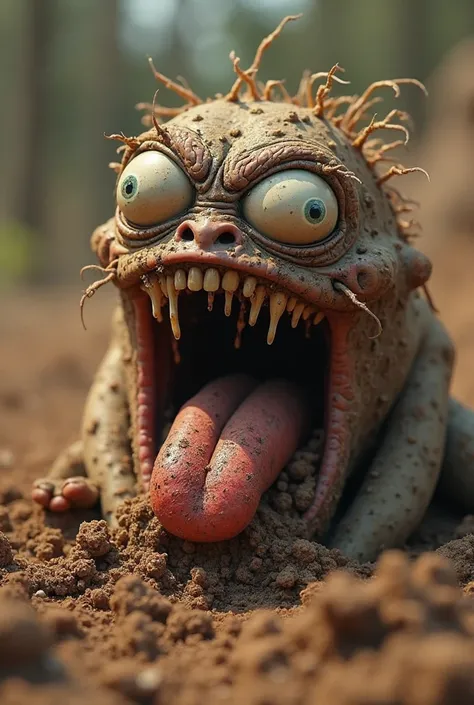 Brown dirt underneath toenails while Toenail dirt is crawling out with a crazy look on its face with toenails in tongue